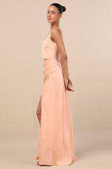 Red Carpet Romance Peach Satin Square Neck Maxi Dress