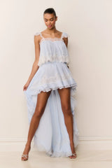 Jolina Silk Chiffon Lace High-Low Skirt