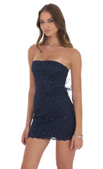 Strapless Lace Back Bow Dress In Navy
