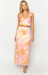 Dahlia Orange And Pink Floral Print Maxi Skirt