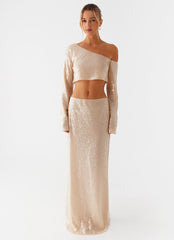 Wisteria Off Shoulder Long Sleeve Sequin Top - Champagne