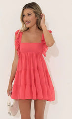 Chiffon Baby Doll Ruffle Dress In Red Coral