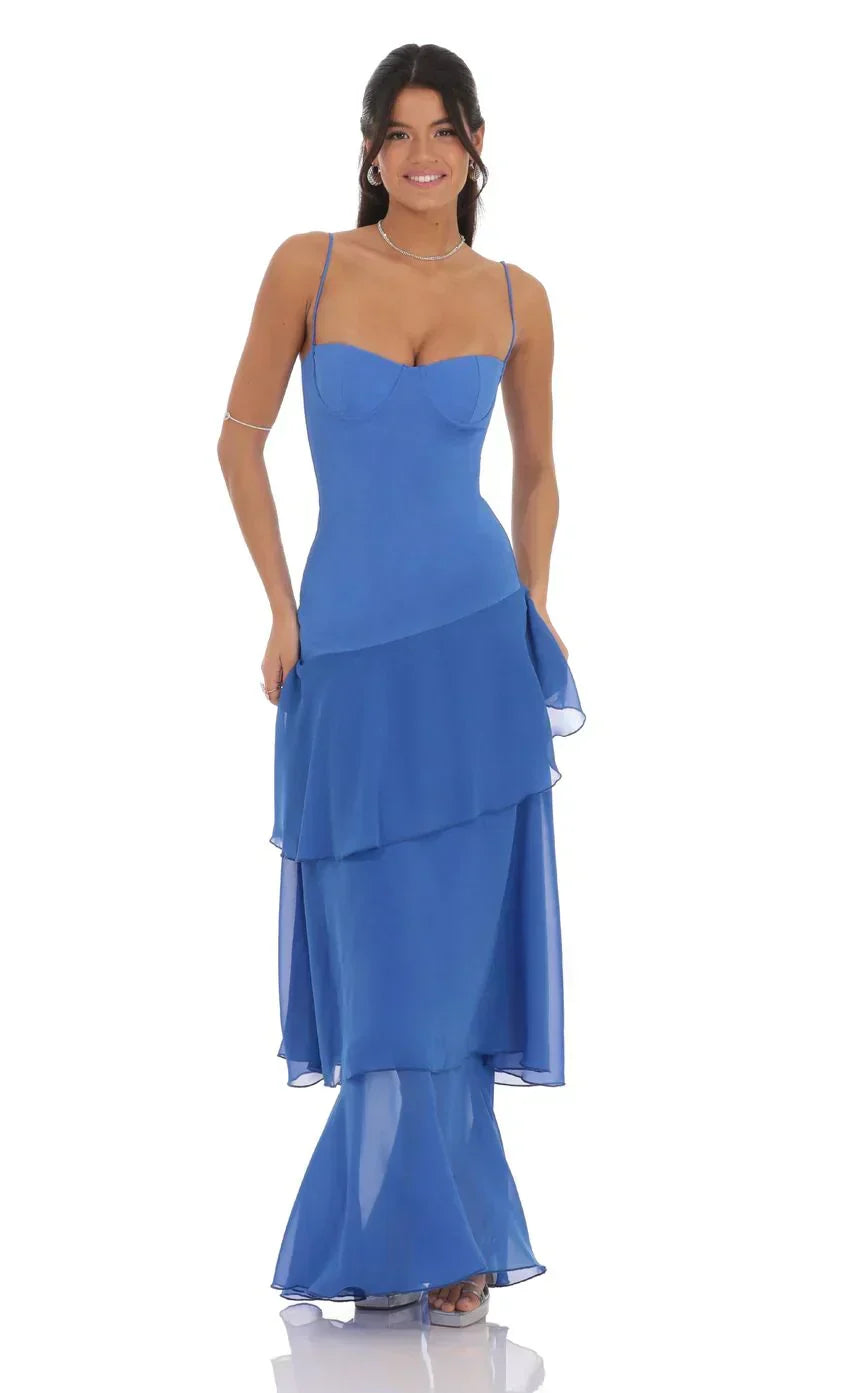 Long Ruffle Maxi Dress In Blue