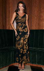 Dara Midi Dress - Low Neck Sleeveless Slip Dress In Amber Floral Print