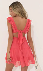 Chiffon Baby Doll Ruffle Dress In Red Coral