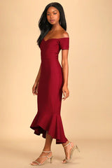 How Much I Care Wine Red Off-the-Shoulder Midi Dress
