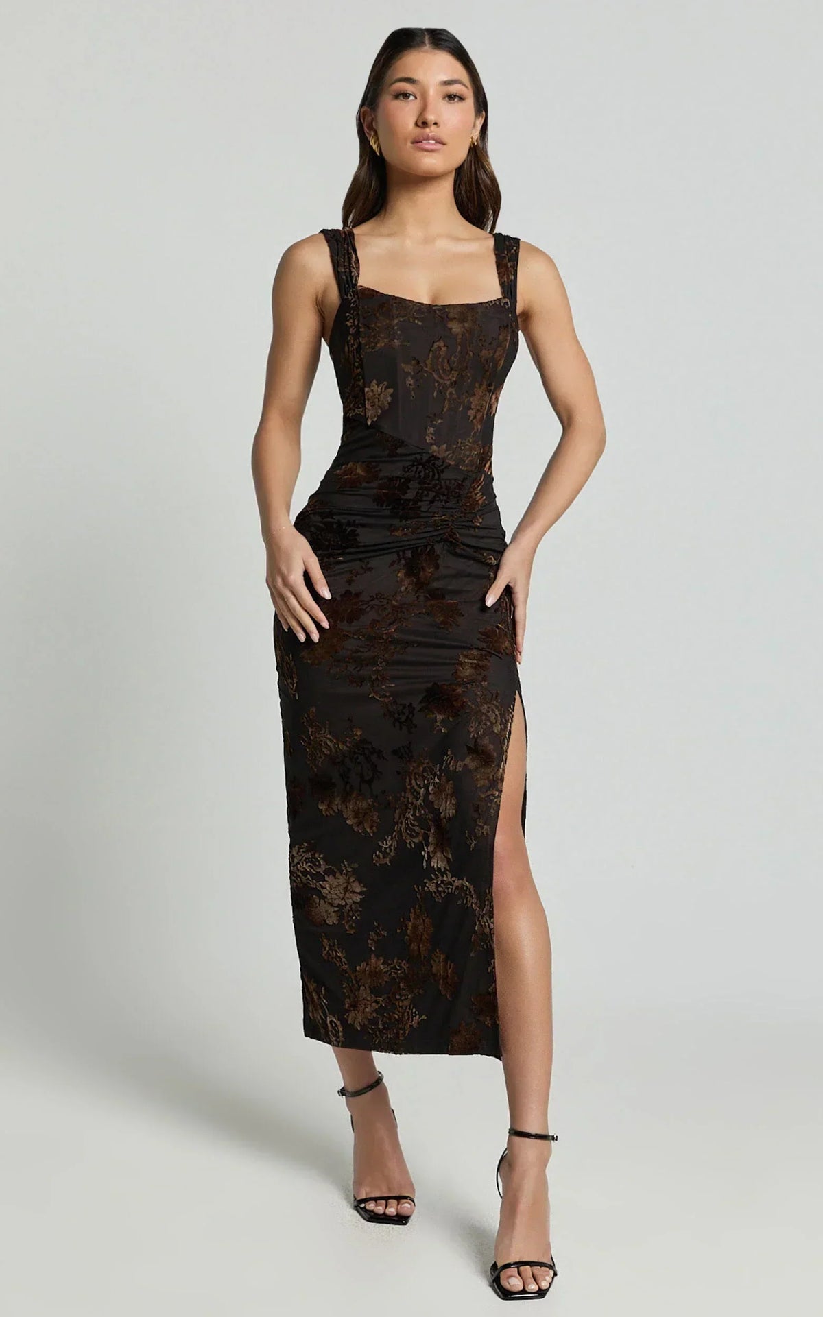 Karlene Midi Dress - Ruched Corset Burnout Dress In Black And Brown
