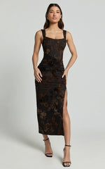 Karlene Midi Dress - Ruched Corset Burnout Dress In Black And Brown