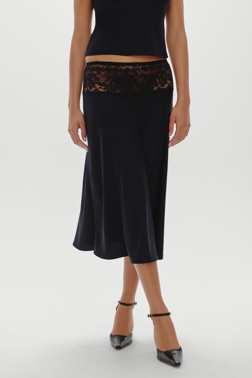 Harper Satin Midi Skirt - Black