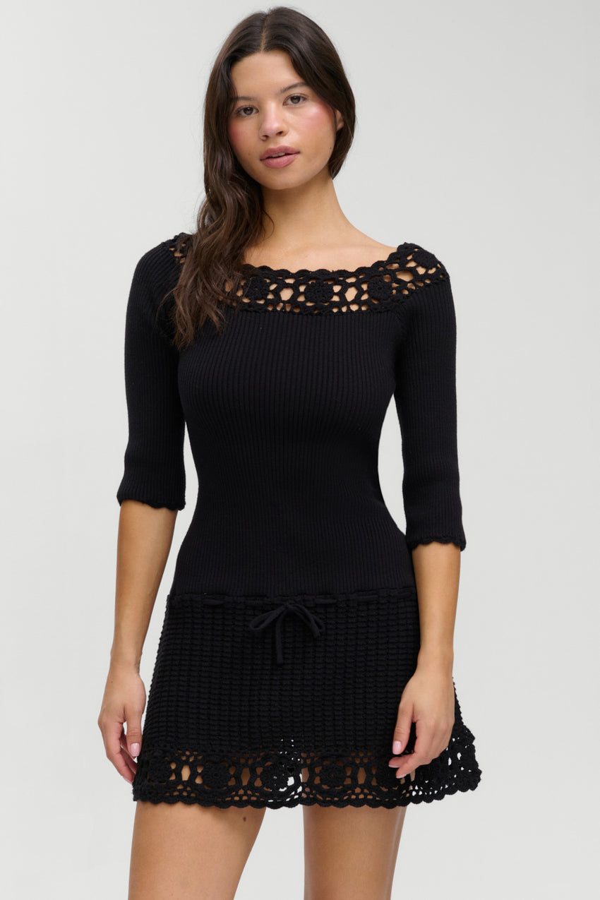 Kaia Crochet Knit Mini Dress - Black