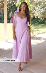 Tymia Midi Dress Shoulder Tie Bustier Shirred Back A Line in Lavender