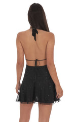 Lace Sequin Plunge Neck Dress in Black